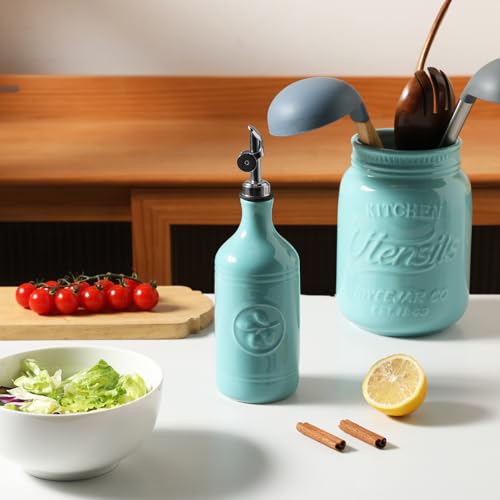 Sweejar 16 Oz Ceramic Olive Oil Dispenser Bottle (Turquoise / 16 Oz(Silver Spout))
