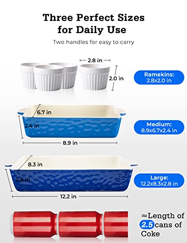 Ceramic Baking Dish and Ramekins Set Casserole Dish with Handles Packaging Upgrade Nonstick Ceramic Bakeware Ramekins Bowls for Baking Souffle (Blue 2 set)