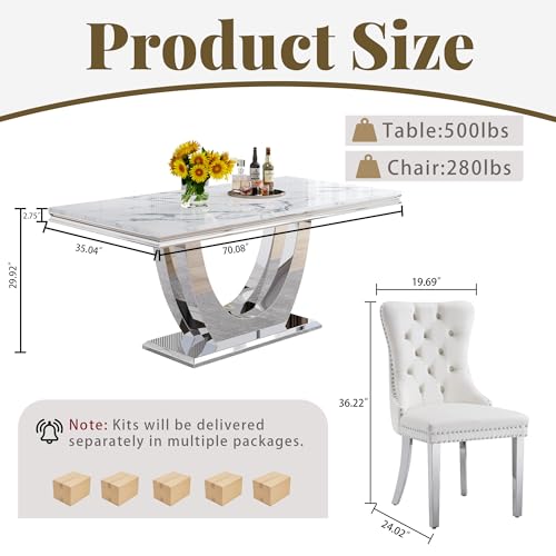 Marble Dining Table Set for 6 (Silver-white & White Chairs / 7-Piece (Table + 6 Chairs))