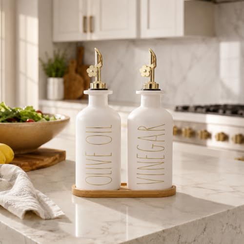 Premium Olive Oil Dispenser for Kitchen (White&Gold+Tray / 11.8 fl oz)
