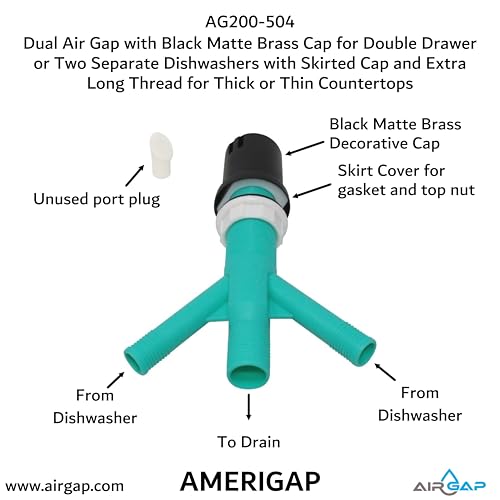 Dual Air Gap with Black Matte Brass Cap for Double Drawer or Two Separate Dishwashers with Skirted Cap and Extra Long Thread for Thick or Thin Countertops (AG200-504)