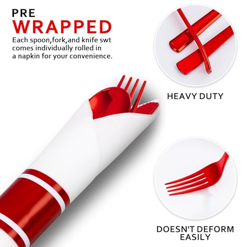 400PCS Pre Rolled Red Plastic Silverware Sets Heavy Duty for Wedding (Red - Classic)
