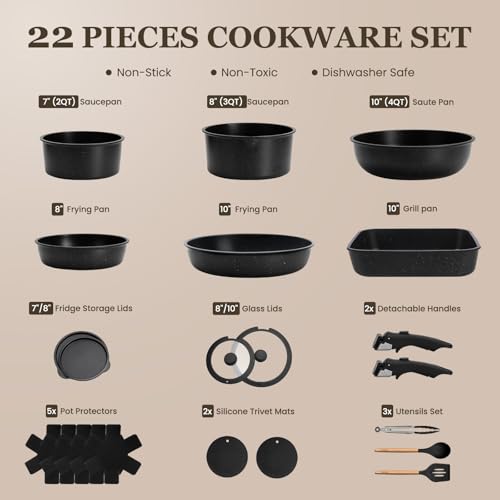22 Pack Nonstick Pots and Pans Set (Black / 22 Pack)