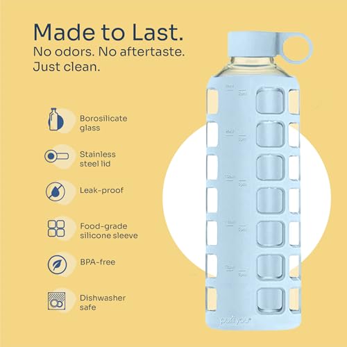 40oz / 32oz / 22oz / 12oz Borosilicate Glass Water Bottle with Time & Volume Markers, Silicone Sleeve, Stainless Steel Lid | Reusable Glass Bottle for Water & Juice (40oz Ice Blue) (Ice Blue (1 Count) / 40 Ounces)