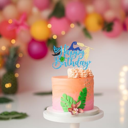 1Pcs Summer Cake Topper Glitter Tree Flower Happy Birthday Cake Pick Decoration for Tropical Hawaiian Luau Theme Baby Shower Kids Birthday Party Cake Decorations Supplies Blue (Blue 4)