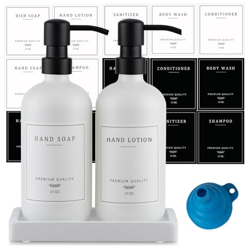 Thick Glass Soap Dispenser (White Bottle/Black Pump + Tray + Funnel)