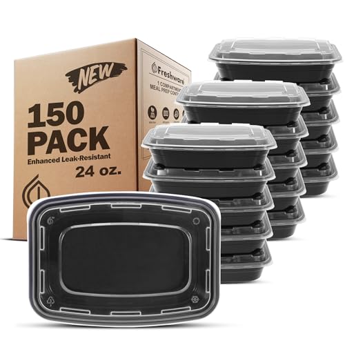 Meal Prep Containers [150 Pack] 1 Compartment Food Storage Containers with Lids (Black / 24OZ-150PK)