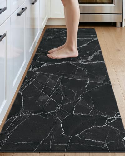 Kitchen Floor Mats Cushioned Anti Fatigue (Black Marble / 107"L x 23"W x 0.4"Th)