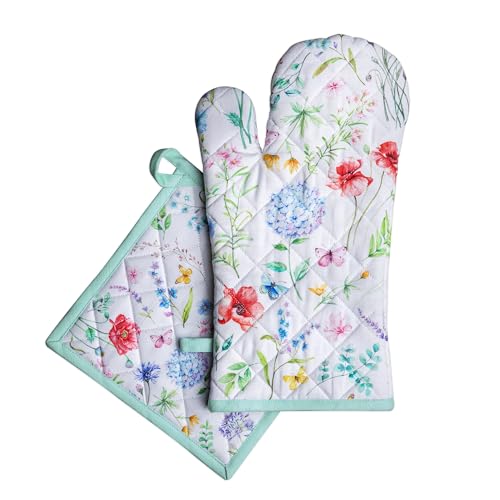 100% Cotton Oven Mitt & Pot Holder Set (031 - Just Floral / 7.5" x 13" & 8" x 8" (Oven Mitt & Pot Holder))