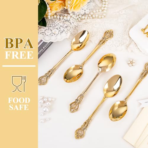150PCS Gold Plastic Spoons 8.1inch Vintage Soup Spoons for Wedding (150-Gold / Spoons)
