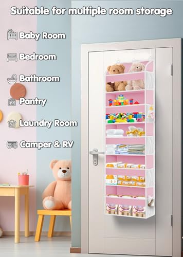Over the Door Organizer with Clear PVC Windows & 10 Mesh Pockets (1 Pack / Pink)