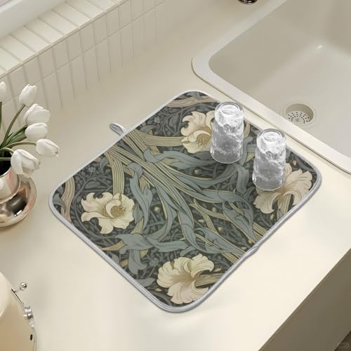 William Morris Flowers Print Dish Drying Mat for Kitchen Counter Absorbent Microfiber Large Drying Pad Dish Mats for Kitchen Countertops 18 x 24 Inch (24" x 18")