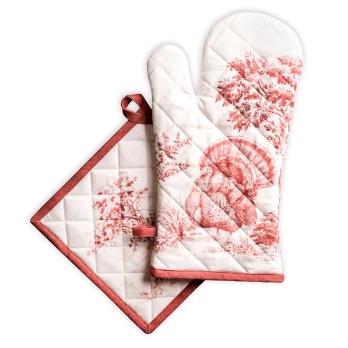 100% Cotton Oven Mitt & Pot Holder Set (119 - Holy Jouy - Red / 7.5" x 13" & 8" x 8" (Oven Mitt & Pot Holder))