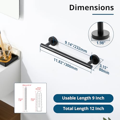 Matte Black Hand Towel Holder for Bathroom Wall (Matte Black / 12" (9" Hanging Length))