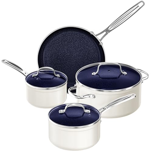 7pc Cookware Set Healthy Duralon Blue Ceramic Nonstick Coated (7 Piece Cookware Set / Vanilla Cream)