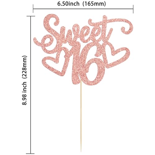 1Pc Sweet Teenager 16 Cake Topper Glitter 16th Birthday Cake Pick for Cheers to 16 Years Old 16th Birthday Party Cake Decorations Supplies Rose Gold