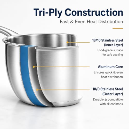 Tri Ply Stainless Steel Small Stainless Steel Pot with Pour Spout (Silver)
