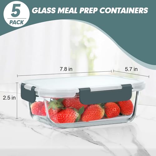 30 oz 5 Pack Glass Meal Prep Containers with Lids (Green / 1-Compartment 30 oz)