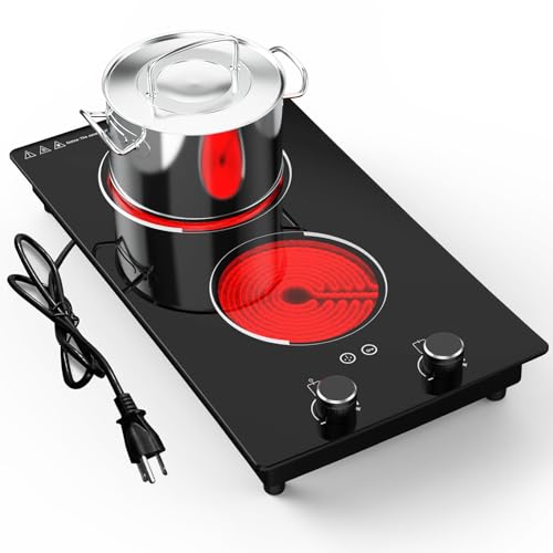 110v Electric Cooktop 2 Burners 12'' Electric Stove Top Knob Control (Black 2 Burner)
