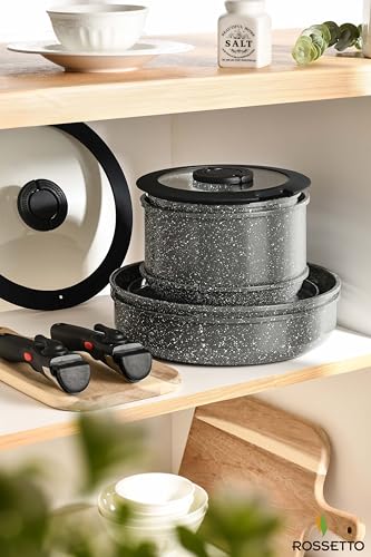 16pcs Aluminium Nonstick Pots and Pans Set from France with detachable Handle (Ash Grey / 16 Piece)
