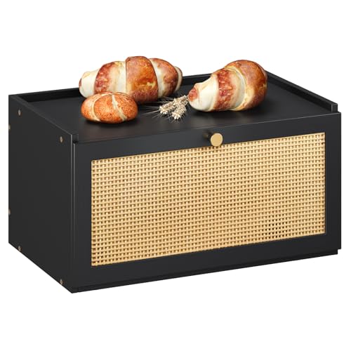 Rattan Bamboo Bread Box for Kitchen Counter Large Capacity Bread Storage Bin Farmhouse Bread Storage Container Rustic Bread Holder (Black)