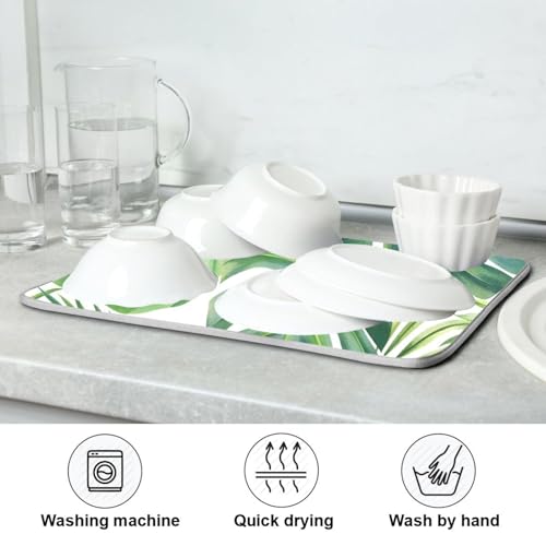 Green Monstera Palm Leaves Dish Drying Mat for Kitchen Counter Absorbent Microfiber Drying Pad (16" x 18")