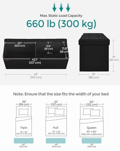 43.3 Inches Folding Storage Ottoman Bench (Ink Black / 15"D x 43"W x 15"H (without Flipping Lid))