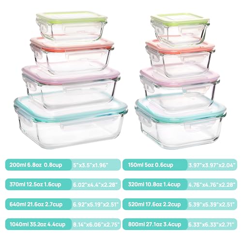 8 Pack Glass Food Storage Containers with Airtight Lids (Multi-colors)