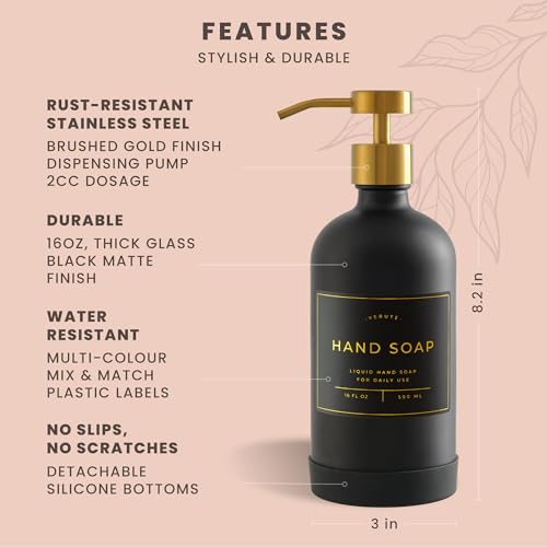 Hand and Dish Soap Dispenser for Kitchen and Bathroom (Matte Black Bottle / Brushed Gold Pump)
