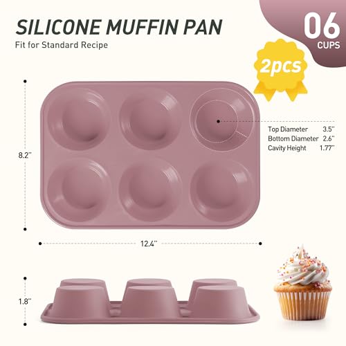 2 Pack 6 Cups Jumbo Muffin Pan with Metal Reinforced Frame Silicone Molds Egg Bites Silicone Circle Cookie Molds Extra Large Muffin Tin Jumbo Tart Pans Baking Sheet Set for Sandwiches (2pc: 6-Cup Jumbo / Morandi Pink)