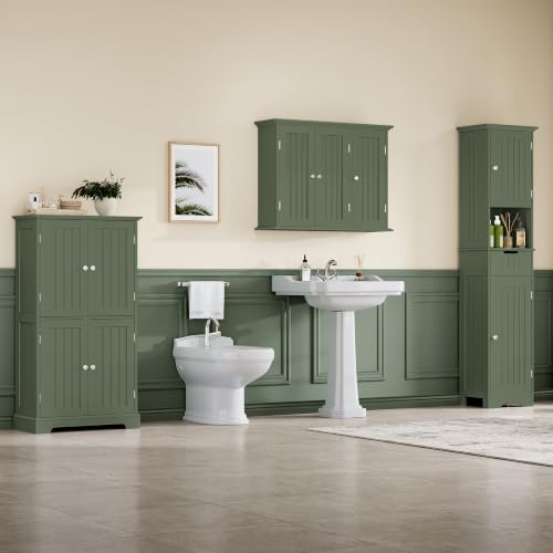 Laundry Cabinet with 3 Doors and Adjustable Shelves (Green / 9.06"D x 31.1"W x 23.4"H)