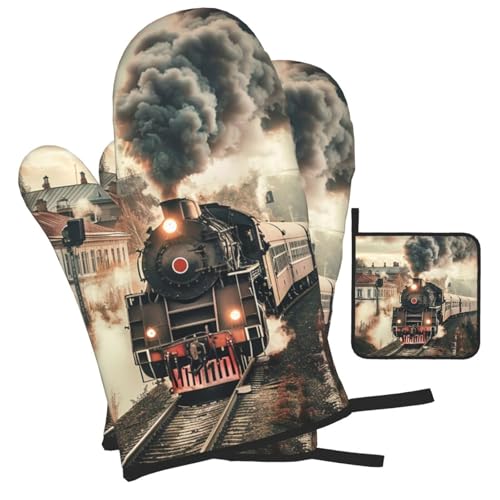 Train Travelling Oven Mitts and Pot Holders Sets of 3 Heat Resistant Oven Gloves Hot Pads Non (Train Travelling)