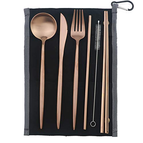 Portable 6 Pieces Flatware Set (Black Pouch / Rose Gold)
