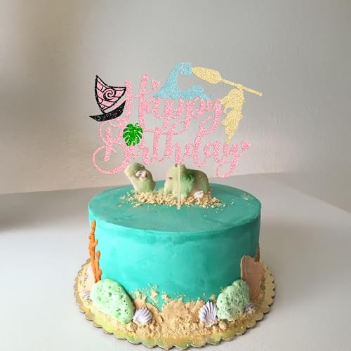 1Pcs Summer Cake Topper Glitter Tree Flower Happy Birthday Cake Pick Decoration for Tropical Hawaiian Luau Theme Baby Shower Kids Birthday Party Cake Decorations Supplies Pink (Pink 4)