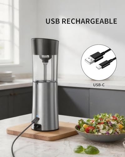 Rechargeable Gravity Electric Salt and Pepper Grinder Set Automatic Stainless Steels Salt and Pepper Mills with LED Light (Silver)