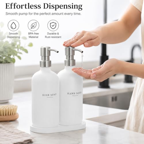 Glass Soap Dispenser (White Bottle/Brushed Silver Pump + Tray + Funnel)
