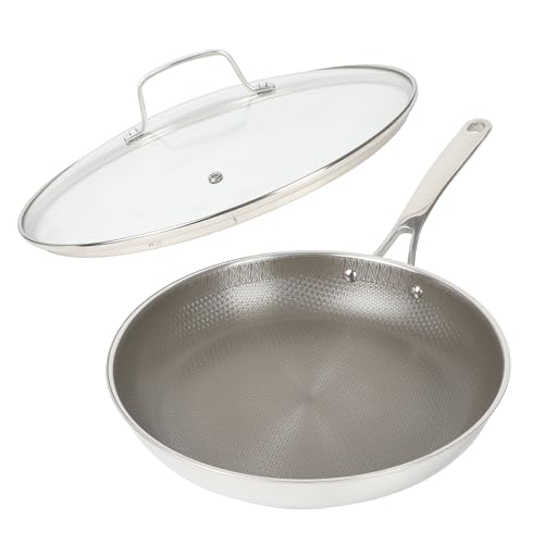 Badgley Hybrid Nonstick 12 Inch TriPly Stainless Steel Large Fry Pan With Lid & Stay Cool Handle (Triply Stainless / 12" Fry Pan)