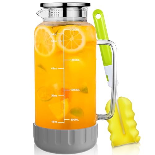 68oz Glass Pitcher with Lid and Handle for Fridge (Grey Silicone)