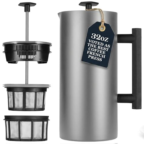 P6 32 Ounces French Press Coffee Maker (32 oz / Brushed Stainless Steel)