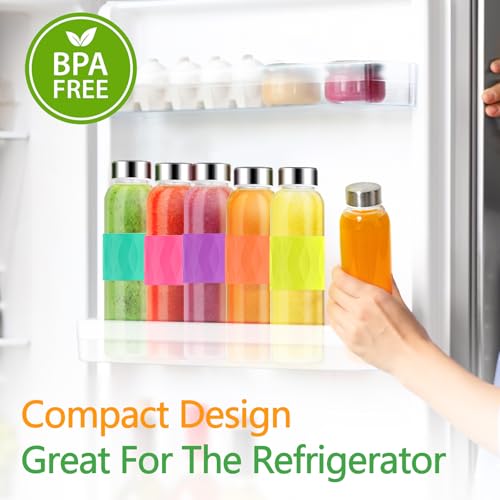 18 oz Glass Juice Bottles with Stainless Steel Lid Leak Proof 6 Pack (Vibrant Sleeve)