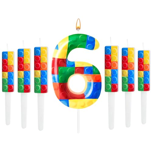 7 Pcs Building Block Themed Birthday Candles Set Building Blocks Number 6 Candle Cake Topper for Building Block Party Decoration Supplies (7 Count)