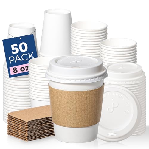 50 Pack 8 oz Disposable Coffee Cups with Lids (8 oz / Classic)