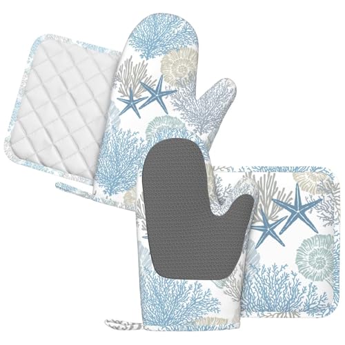 Nautical Coastal Oven Mitts and Pot Holders Sets Silicone Starfish Seashell Coral Beach Themed Kitchen Mitts Potholders Heat Resistant 4Pcs Ocean Oven Gloves Hot Pads for BBQ Grilling (Nautical Coastal)