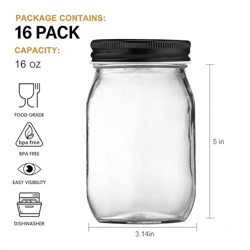 16oz Glass Jars With Airtight Lids And Bands (16oz - Split Black Lid)
