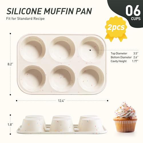 2 Pack 6 Cups Silicone Mini Muffin Pan with Metal Reinforced Frame Silicone Molds Cupcake Cake Baking Pans Cookie Baking Chocoflan Cupcake Mold Cake Molds Kitchen Baking Mom Gift Home Essentials (2pc: 6-Cup Jumbo / Cream)