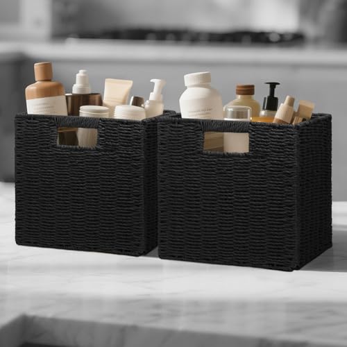 Wicker Storage Baskets for Organizing (Black 11 inch)
