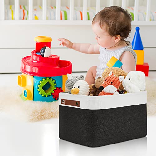 Canvas Storage Bin with Handles (White&Black / L-15"x11"x9.5")