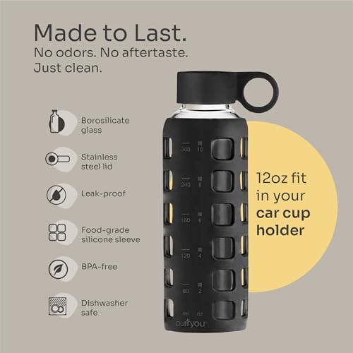 40oz / 32oz / 22oz / 12oz Borosilicate Glass Water Bottle with Time & Volume Markers, Silicone Sleeve, Stainless Steel Lid | Reusable Glass Bottle for Water & Juice (12oz Jet Black) (Jet Black (1 Count) / 12 Ounces)