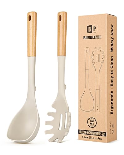 Silicone Soup Ladle and Pasta Spoon Set with Wooden Handle (2 Count)