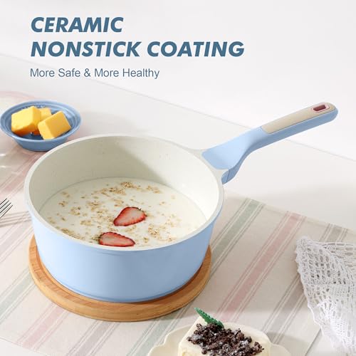 Ceramic Nonstick Saucepan with Lid 1.5 QT (Glacier Blue / 1.5 Quarts)
